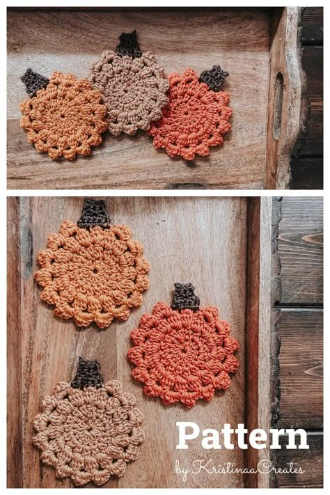 Crochet Fall Coasters, Thanksgiving Crochet Patterns, Fall Crochet Projects, Pumpkin Coasters, Thanksgiving Crochet, Coaster Crochet, Fall Crochet Patterns, Fall Crochet, Crochet Coaster Pattern