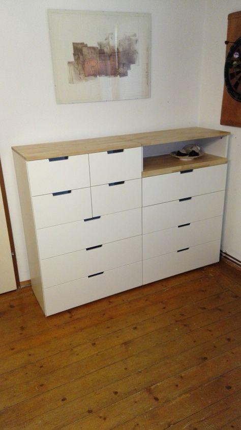 I didn't like the default NORDLI top and plinth (too white), so I replaced those with birch boards from the hardware store. Nordli Ikea, Stair Drawers, Rue Paul, Ikea Nordli, Ikea Drawers, Children's Bedroom Ideas, Dresser Redo, Furniture Dolly, Ikea Bedroom