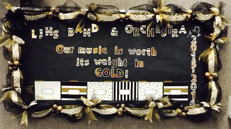 music bulletin board deco mesh ribbon band room orchestra room black gold white… Black And Gold Bulletin Board Ideas, Black And Gold Classroom Theme, Black And Gold Classroom, Black Bulletin Boards, Office Bulletin Board Ideas, Recognition Board, Black Classroom, Music Bulletin Board, Pride Decor