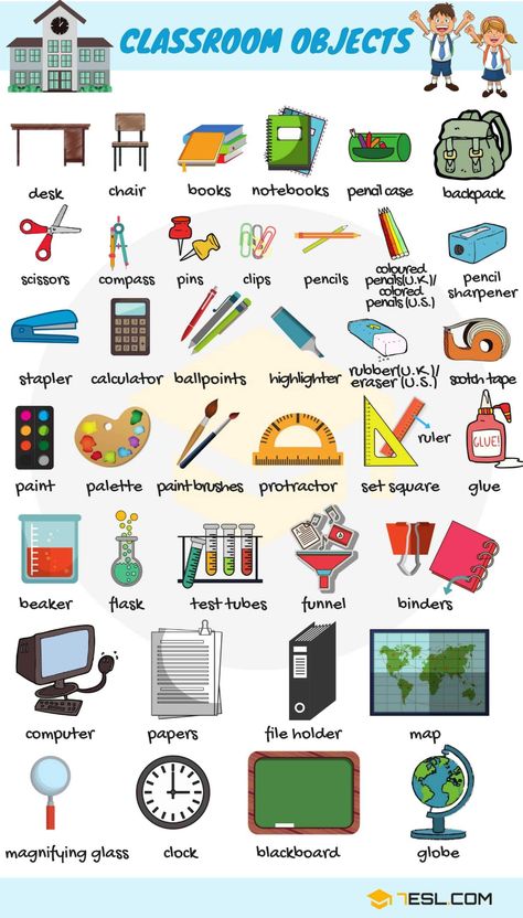 School Vocabulary Words | School Objects with Pictures - 7 E S L Classroom Objects, Games For Kids Classroom, Esl Vocabulary, English Classroom, Classroom Language, English Activities, Kids Classroom, Learn English Vocabulary, English Vocabulary Words Learning