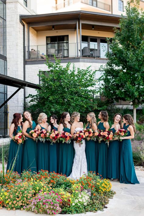 Dusty Teal Bridesmaid Dresses, Fall Bridesmaid Dresses Teal, Peacock Blue Bridesmaid Dresses, Bridal Party Color Schemes Summer, Teal Blue Wedding Theme, Dark Teal Bridesmaid Dresses, Resorts In Texas, Brides Mate Dress, April Wedding Colors