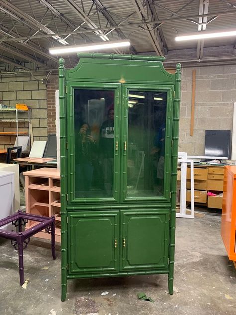 Bamboo China Cabinet, Painted Rattan, China Cabinet Redo, Refinished Vintage Furniture, Etsy Furniture, Green Painted Furniture, Painting Wooden Furniture, High Gloss Furniture, British Colonial Style