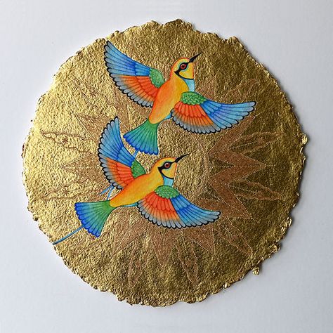 ShopCollection | lindaedwardsart Paintings With Gold, Solstice Winter, Sun Painting, Bee Eater, The Turning, Gold Leaf Painting, Indian Folk Art, Winter Solstice, Sacred Geometry