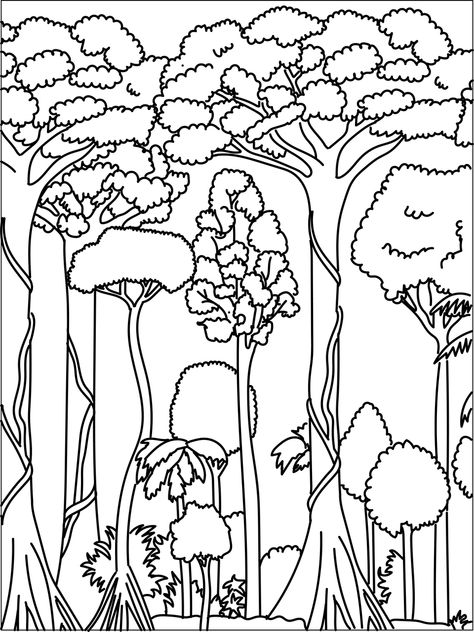 Rainforest Line Art Outline - Free image on Pixabay Forest Outline Drawing, Amazon Forest Illustration, Jungle Line Art, Ecosystem Drawing Easy, Tropical Rainforest Drawing, Rainforest Coloring Pages, Rainforest Drawing, Rainforest Tattoo, Forest Line Art