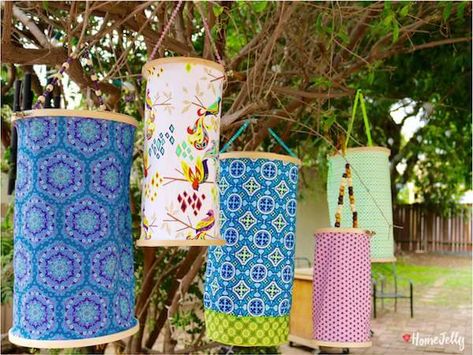 Fabric Lanterns Diy, Diy Silk Lantern, Diy Fabric Lantern, Diy Hanging Lampshade, Diy Diwali Lanterns, Boho Lanterns, Lantern Crafts, Fabric Lantern, Handmade Lanterns