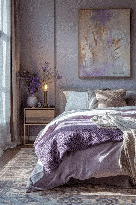 Light Lavender Bedroom Walls, Lilac And Wood Bedroom, Bedroom Color Schemes Purple, Lavender And Blue Bedroom Ideas, Bedroom Lilac Walls, Soft Lavender Bedroom, Purple Master Bed, Light Lavender Walls, Good Room Colors