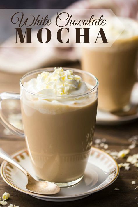 White Chocolate Mocha: such a yummy winter drink! I make this when I want to treat myself. #whitechocolate #mocha #starbucks #recipe #iced #DIY #coffee #frappuccino #keurig #hot #espresso #homemade #latte #howtomake #frappe #desserts #whippedcream #drinks #glutenfree #treats #food #sweets #milk #mornings #baking #christmas #winter #bakingamoment White Chocolate Mocha Recipe, Ninja Coffee Bar Recipes, Iced White Chocolate Mocha, Hot Coffee Drinks, Nespresso Recipes, Espresso Martinis, Espresso Recipes, Mocha Recipe, Pane Dolce