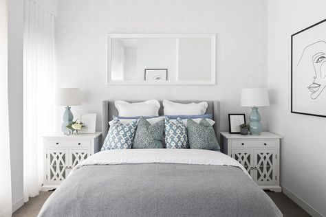 How Much Does it Cost to Furnish a Bedroom? Here's How to Calculate Your Spend 8 Ideas For Above The Bed, Hamptons Style Bedrooms, Hampton Bedroom, Hamptons Bedroom, Hamptons Style Decor, House With Balcony, Blue Dining Chair, Apartment Makeover, White Bedside Table