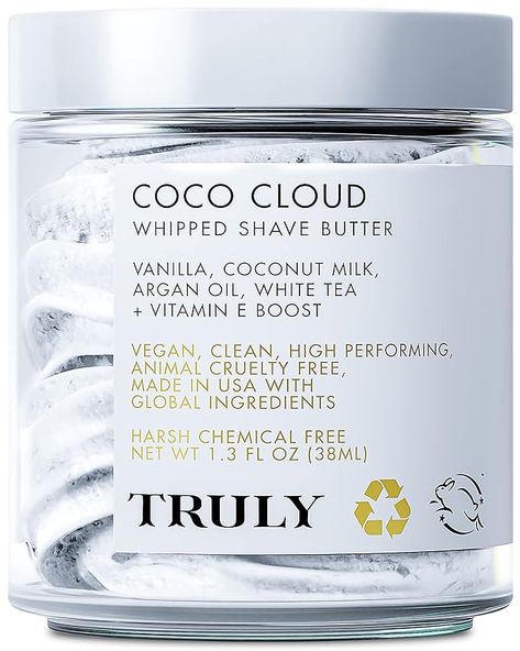 Truly Beauty Coco Cloud Shaving Cream for Women Sensitive Skin Whipped Shave Butter for Legs, Pubic Hair, Underarm, Body, Intimate Bikini Area, etc. 1.3 OZ Womens Shaving Cream, Whipped Shave Butter, Shaving Cream For Women, Whipped Coconut Milk, Random Wishlist, Truly Beauty, Shave Butter, Vegan Clean, Unwanted Hair Removal