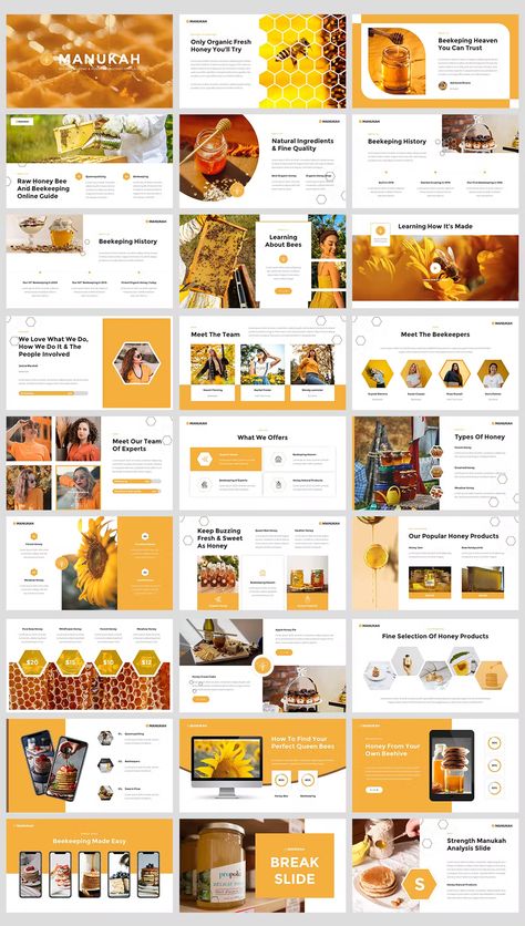 Beekeeping Home & Honey Shop PowerPoint Template. 36 Slides. Honey Shop Design, Best Presentation Templates, Marketing Portfolio, Presentation Ideas For School, Marketing Colors, Beauty Salon Business Cards, Graphic Design Portfolio Layout, 포트폴리오 레이아웃, Honey Shop