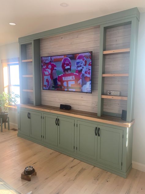 Farmhouse Tv Cabinet Ideas, Diy Entertainment Center With Cabinets, Fake Built Ins Around Tv, Tv Unit Built In Tv Walls, Diy Shiplap Tv Wall, Family Room Tv Wall Ideas Farmhouse, Shiplap Wall With Cabinets, Wood Entertainment Wall, Farmhouse Tv Entertainment Center