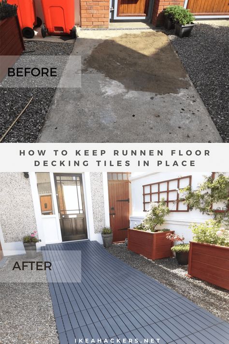 A simple hack to keep the IKEA RUNNEN floor decking tiles in place even in high winds. Easy and cost effective. It works! Ikea Runnen Patio, Ikea Runnen Decking Patio, Outdoor Decking Tiles, Ikea Patio Tiles, Decking Tile Ideas, Ikea Tiles Outdoor, Ikea Outdoor Tiles, Ikea Decking Ideas, Ikea Flooring Outdoor