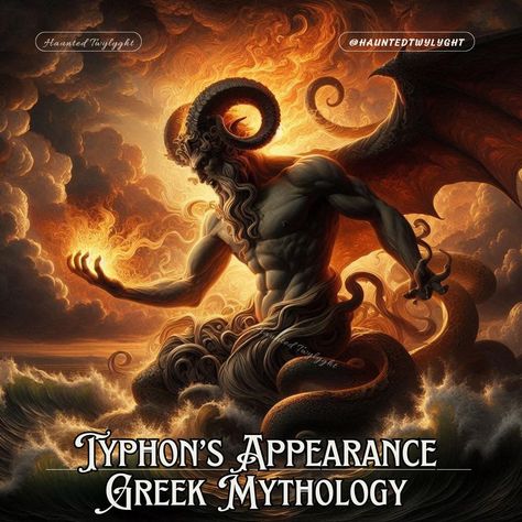 Typhon's appearance in Greek mythology is described as both awe-inspiring and terrifying. He was a colossal figure, often depicted as a winged giant whose immense stature reached the stars. His lower half was said to consist of coiled serpents instead of legs, and his upper body resembled that of a man, but with grotesque features. He was described as having a hundred dragons' heads, which could be interpreted as a hundred serpent-like fingers extending from his hands. His beard was filthy a... Typhon Greek Mythology, The Constellations, The Cosmos, Greek Mythology, His Hands, Awe Inspiring, Stardust, Bathroom Interior, Constellations