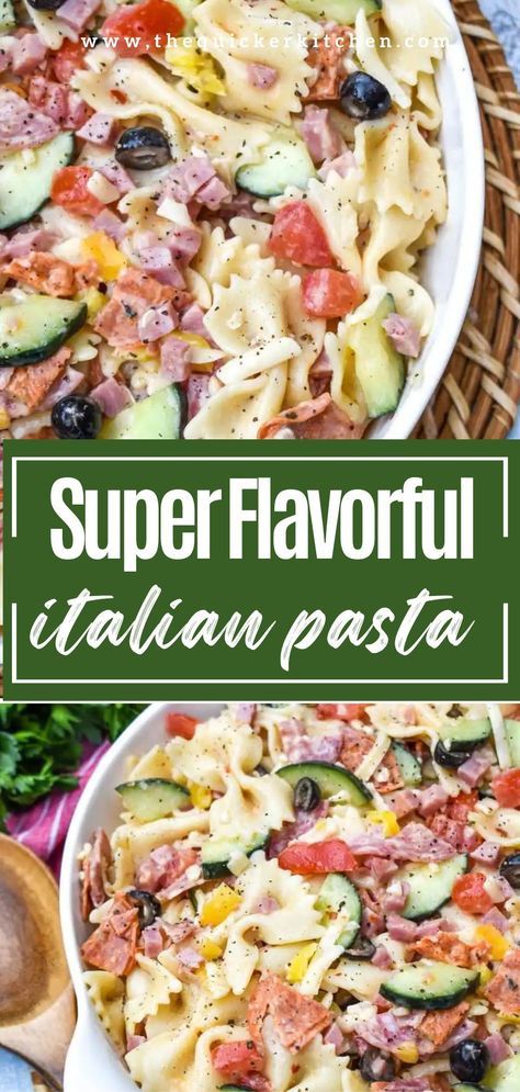 This Italian pasta salad recipe brings all the flavors of an Italian sub into a delicious pasta salad everyone will love as a side dish or even a main! Bowtie pasta gets tossed with a blend of veggies, Italian deli meats, cheese, and a creamy mix of mayonnaise and Italian dressing. Check out this quick recipe at thequickerkitchen.com Chipped Italian Salad, Italian Noodles Recipes, Chopped Italian Pasta Salad, Deli Pasta Salad Recipes, Pasta Salad With Mayonnaise, Main Dish Pasta Salad Recipes, Italian Sub Pasta Salad, Pasta Salad Recipe Mayo, Bowtie Pasta Salad Recipes