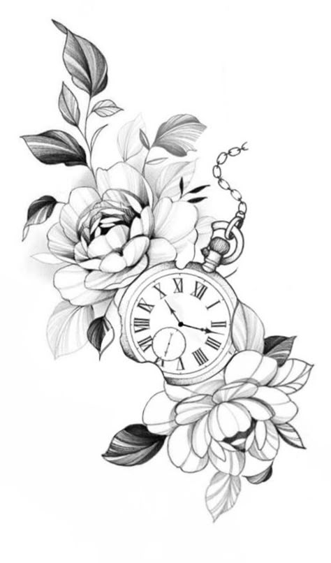 Flowers With Clock Tattoo, Pocket Watch Flower Tattoo, Clock With Flowers Tattoo Design, Fine Line Pocket Watch Tattoo, Floral Clock Tattoos For Women, Clock And Flower Tattoo Design, Pocket Watch With Flowers Tattoo, Pocket Watch Tattoo Design Women, Flower And Clock Tattoo For Women