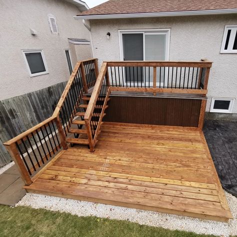 Double Layer Deck Ideas, Floating Decks Backyard, Low Deck Ideas Ground Level Backyards, Tall Deck Ideas, Tiered Deck On Slope, Above Ground Pool Small Deck, Deck Bed Ideas, Deck On A Slope, Deck With Patio Ground Level