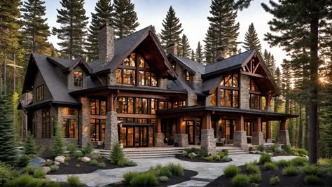 Lodge Home Plans, Modern House In Woods, Bloxburg House Ideas Mansion Layout, Mountain Modern Home Exterior, Mountain Lodge House Plans, Modern Rustic Exterior, Mountain Homes Exterior, Cool House Features, Modern Mountain Home Exterior