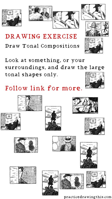 Drawing Exercises - Look at something, or your surroundings, and draw the large tonal shapes only. Comic Drawing Exercises, Cartoon Drawing Exercises, Master Copy Drawing, Hatching Exercise, Sketching Practice Exercises, Drawing Warm Ups, Drawing Practice Exercises, Practice Drawing Exercises, Art Practice Exercises