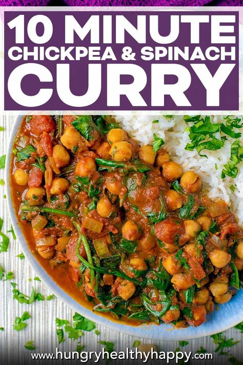 This healthy 10 Minute Chickpea and Spinach Curry is an easy vegan curry that you need in your life. It’s low in calories and fat and you just tip everything in to the pan and it’s ready less than 10 minutes later. Bursting with iron rich spinach and protein packed chickpeas, this vegetarian and gluten free curry freezes well and it’s a simple Indian recipe to adapt. Easy Veggie Curry, Simple Curry Recipe Vegetarian, Freezing Spinach, Gluten Free Curry, Chickpea Spinach Curry, Easy Vegan Curry, Chickpea And Spinach, Healthy Curry Recipe, Chickpea And Spinach Curry