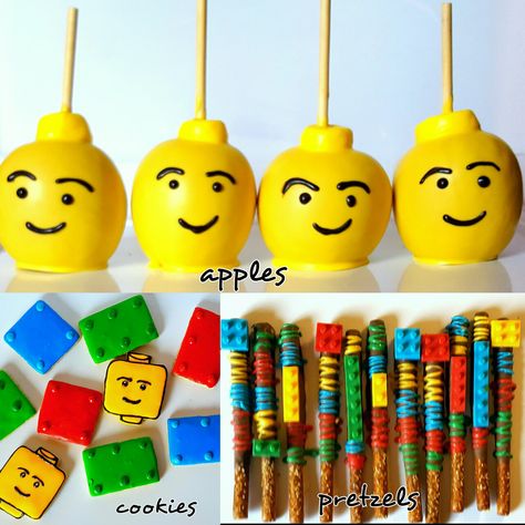 Lego Theme Treats. Cookies, Chocolate Dipped Candy Apples, Chocolate Covered Pretzel Rods Lego Treats Ideas, Lego Pretzel Rods, Lego Party Treats, Lego Desserts, Lego Graduation, Lego Treats, Lego Snacks, Chocolate Dipped Candy, Dipped Candy