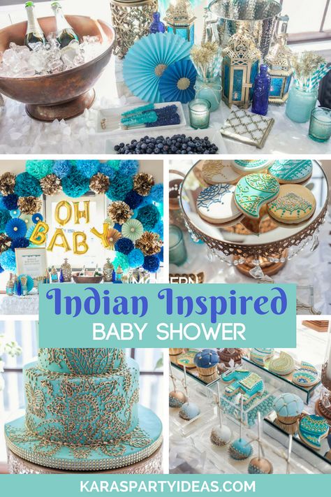 Indian Inspired Baby Shower via Kara's Party Ideas - KarasPartyIdeas.com (1) Peacock Baby Shower Ideas, Bollywood Baby Shower, Oh Baby Backdrop, Bridal Shower Candy Bar, Henna Cake, Elephant Indian, Bridal Shower Games Funny, Baby Shower Decorations Neutral, Bridal Shower Cake Topper