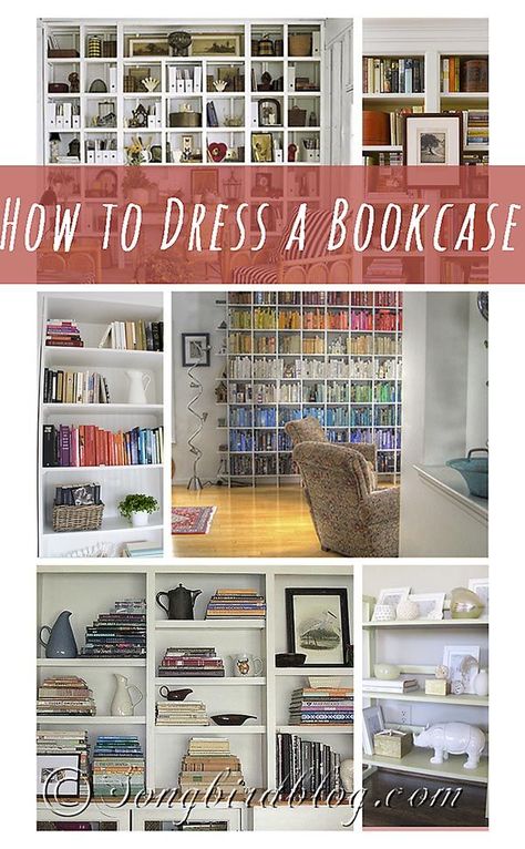 Dressing up a bookcase can be a bit daunting. So let me share the tips and tricks I found while researching how to dress a bookcase. www.songbirdblog.com Dress A Bookcase, Dressing A Bookcase, How To Organize A Bookcase, Dressing Shelves Living Room, How To Dress Shelves Living Rooms, Bookcase Styling Ideas, Book Case Ideas, Shelving Styling, To Dress