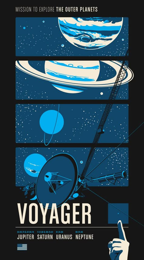 Historic Robotic Spacecraft Poster Series by Chop Shop. Poster #1: Voyager Retro Space Posters, Space Travel Posters, Space Posters, Art Spatial, Outer Planets, Graphisches Design, Retro Space, 카드 디자인, Space Stuff