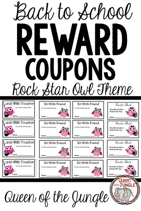 These fun Rock Star Owl themed Reward Coupons for the classroom are incentives that kids can work towards earning. The printable coupons are great for use in elementary classroom management. #rewardcoupon #studentreward Classroom Currency, Elementary Classroom Management, Classroom Cash, Classroom Management Elementary, Queen Of The Jungle, Student Rewards, Teacher Products, Reward Coupons, Teacher Desk