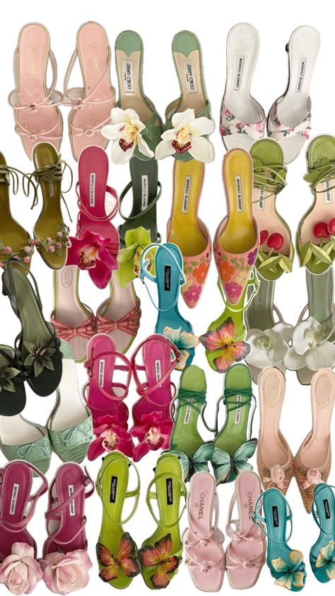 Collage of flower heels, cute kitten heels, butterfly heels, sandals, bows & cute shoes, light pink Heels Butterfly, Butterfly Heels, Butterfly Shoes, Pretty Heels, Flower Heels, Kitten Heel Sandals, Cute Kitten, Girly Shoes, Alpha Patterns