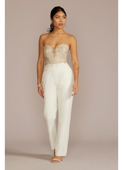 Strapless Beaded Floral Applique Bodice Jumpsuit SDWG1051 Evening Jumpsuits, Beaded Jumpsuit, Courthouse Wedding Dress, Corset Outfit, Bridal Jumpsuit, Cocktail Outfit, Woman Suit Fashion, Prom Outfits, Tea Length Dresses