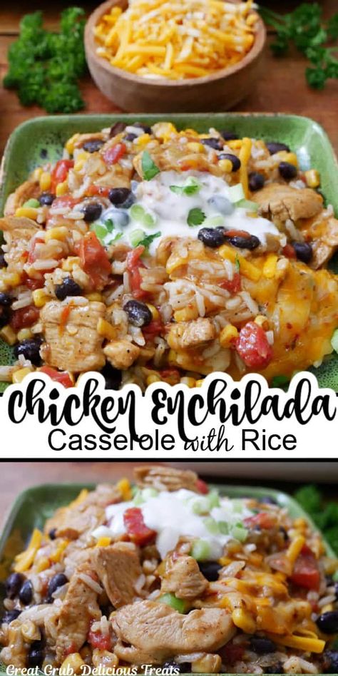 Chicken Enchilada Casserole with Rice Enchilada Casserole With Rice, Casserole With Rice, Black Beans Rice, Enchilada Rice, Chicken Enchilada Casserole Recipe, Chicken Enchilada Bake, Zesty Chicken, Yummy Casserole Recipes, Recipes With Enchilada Sauce