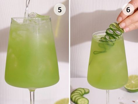 mocktail with cucumber process shots 5 and 6. Cucumber Elderflower Spritz, Cucumber Mocktail, Low Sugar Alcohol, Mocktails Recipe, Spritz Mocktail, Easy Mocktails, Mojito Mocktail, Elderflower Cordial, Non Alcoholic Wine