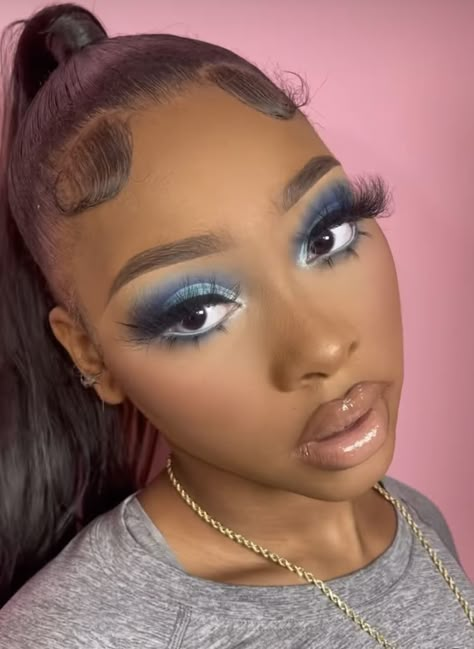 Blue Natural Makeup Looks, Make Up Looks For Prom Blue Dress, Black Woman Blue Makeup, Blue Dress Makeup Black Women, Royal Blue And Black Makeup Looks, Cute Blue Dress Aesthetic, Blue And Black Makeup Looks Black Women, Blue Lipstick Makeup Black Women, Pink And Blue Makeup Looks Black Women