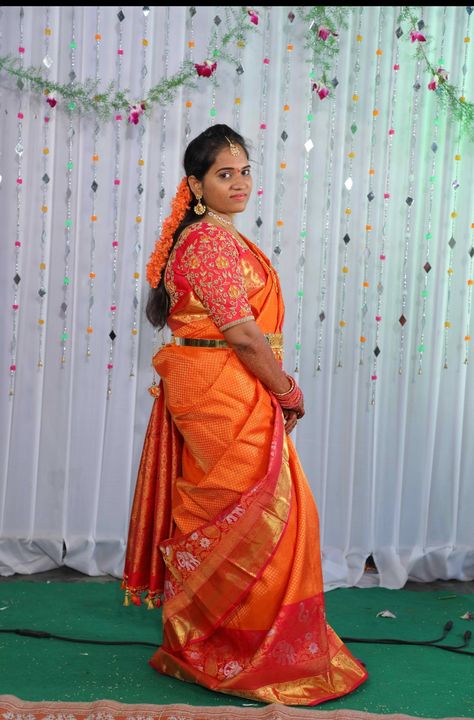 Orange colour pattu saree with elegant embroidery blouse... Decent traditional look of a girl. Elegant Embroidery, Embroidery Blouse, Orange Color, Saree, Orange, Embroidery