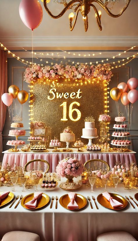 🎉 21 Stunning Sweet 16 Decoration Ideas That Will Wow Your Guests! 🌟 Gold Sweet 16 Theme, Sweet 16 Food Ideas Dinners, Pink And Gold Party Decorations, Sweet 16 Food Ideas, Sweet 16 Sign, Sweet Sixteen Decorations, Gold And Pink Balloons, Sweet 16 Party Themes, Sweet 16 Centerpieces