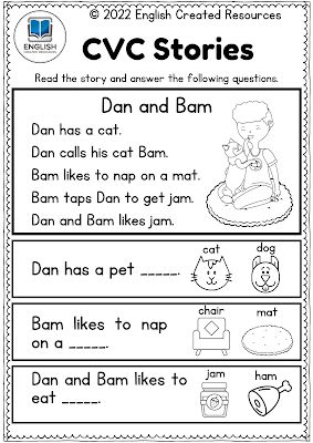 Cvc Stories, Kindergarten Comprehension Worksheets, Cvc Worksheets Free, English Created Resources, Kindergarten Comprehension, Cvc Reading, First Grade Reading Comprehension, Cvc Worksheets, Kids Worksheet