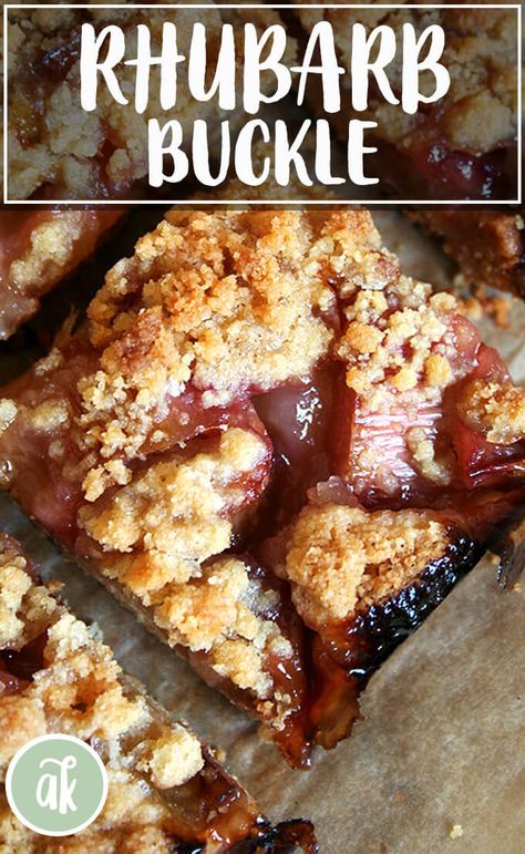 Rhubarb Buckle — a summer favorite! Martha Stewart said it best: "This dessert belongs in everyone's outdoor entertaining file." The dough in this rhubarb buckle recipe yields the perfect bottom crust — not too cakey, not too crisp, a slightly sweet, perfectly sturdy layer that really allows the rhubarb to shine. #rhubarb #buckle #summer #desserts #fruit Rhubarb Buckle, Baked Fruit Desserts, Buckle Recipe, Desserts Fruit, Rhubarb Desserts, Baked Fruit, Rhubarb Recipes, Sweet Breads, Fruit Desserts