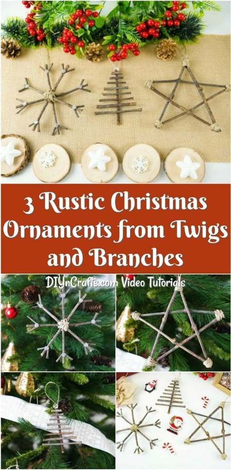 3 DIY Rustic Christmas Ornaments are a perfect addition to your tree this year! Make these adorable little stars, Christmas trees, or snowflakes out of just a few simple twigs, rustic thread, and glue! #christmasornament #ornament #diyornament #homemade #christmasdecor #holidaydecorations Diy Rustic Christmas Ornaments, Diy Rustic Christmas, Twig Christmas Tree, Rustic Christmas Ornaments, Tree Themes, Rustic Ornaments, Star Snowflake, Homemade Ornaments, Woodland Christmas