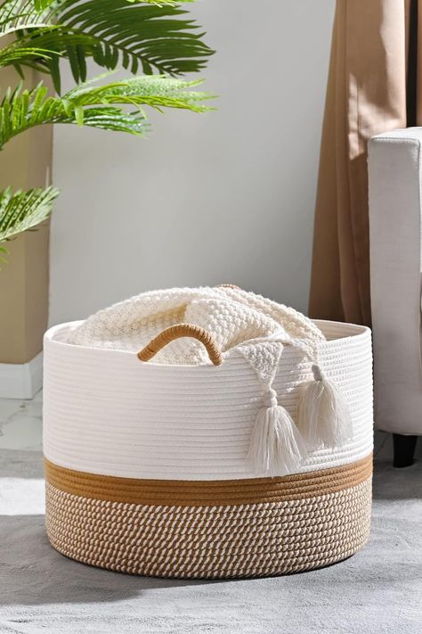 Woven Baskets for storage Baby Laundry Hamper, Cotton Rope Blanket Basket for Living Room, Laundry, Nursery, Pillows, Baby Toy Chest (White/Brown). May contain affiliate link. Baby Toy Chest, Rope Blanket, Large Blanket Basket, Baskets For Storage, Storing Blankets, Baby Laundry, Large Blanket, Toy Storage Organization, Blanket Basket