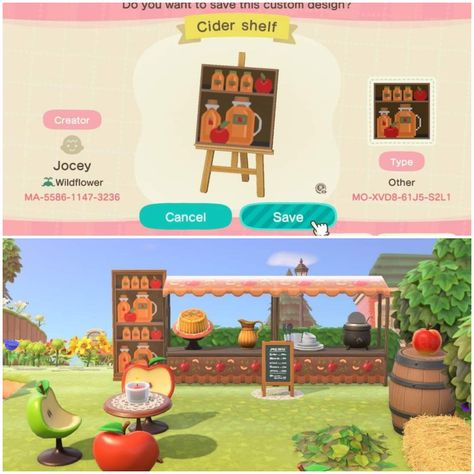 A custom design I created to go with my apple stall in Animal Crossing New Horizons. There's nothing like a hot cup of apple cider on a crisp fall day. :) Acnh Apple Custom Design, Acnh Orchard Stall Design, Fall Stall Design Animal Crossing, Apple Orchard Acnh Codes, Apple Stall Acnh, Cute Stall Design Animal Crossing, Acnh Apple Orchard Codes, Acnh Apple Stall Design, Fall Stall Acnh