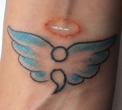 Semicolon Angel Wrist Tattoo Angel Semi Colon, Semi-colon Tattoo Angel Wings, Colon Tattoo, Semicolon Tattoo, Angel Wings Tattoo, Wing Tattoo, Angel Tattoo, Wrist Tattoos, Infinity Tattoo