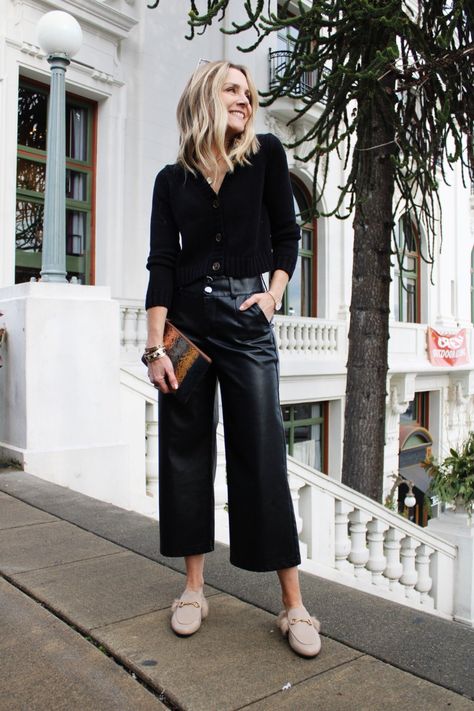 Faux Wide Leather Pants Outfit, Crop Leather Pants, Black Crop Pants Outfit Winter, Leather Culottes Outfit Winter, Leather Cropped Pants, Cardigan And Leather Pants, Cropped Leather Pants Outfit Casual, Cropped Flare Leather Pants Outfit, Black Leather Crop Pants Outfit