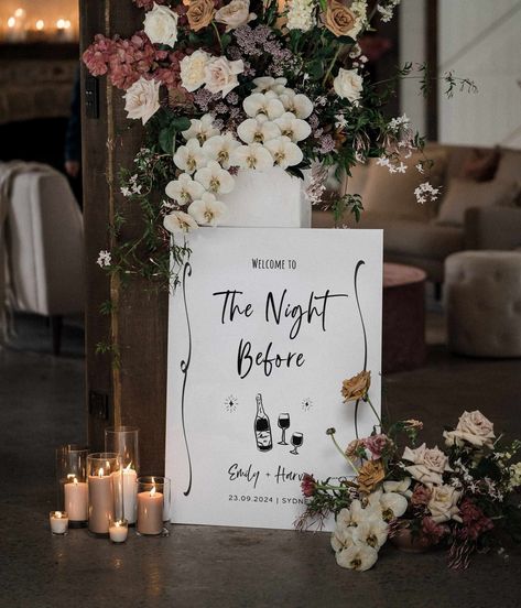 To The Night Before Wedding Welcome Sign Black Digital Template Editable Welcome Sign for Rehearsal Dinner Welcome Board Printable DIY Welcome Poster Modern Engagement Welcome Sign Adult Birthday  - The listing is for Unique Wedding Rehearsal Dinner Welcome Sign Template with Hand-drawn Illustration. Impress your guest and bring your event to the next level with this unique welcome sign. Suitable for a wide range of event from engagement dinner to birthday party, hens party and any special events. All element in this sign is editable, you can change background colour, text font and colour as well as illustration colour to match your event theme.  Sized for AU/EU/US/CA EDITABLE TEMPLATES With this template, you can easily edit my designs yourself using an easy and convenient web app called Rehearsal Dinner Cake Topper, Rehearsal Dinner Order Of Events, Night Before Wedding Sign, Wedding Welcome Party Sign, Welcome To The Night Before Sign, Wedding Welcome Party Decor, The Night Before, Rehearsal Dinner Signs Welcome, The Night Before Rehearsal Dinner Sign