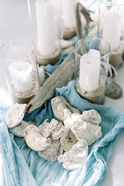 Beach Party Table Setting, Elegant Coastal Wedding Decor, Coastal Theme Party Food, Ocean Inspired Tablescape, Oyster Centerpiece Wedding, Coastal Photo Backdrop, Coastal Disco Wedding, Family Style Tablescape, Coastal Boho Wedding Decor