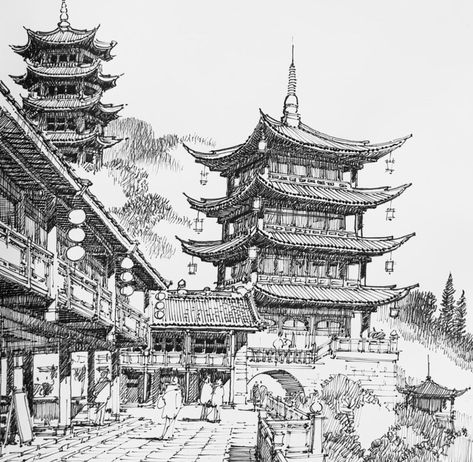 Japanese Architecture Drawings, Cityscape Drawing, Chinese Drawings, China Architecture, City Sketch, Japan Landscape, Japanese Castle, Japan Architecture, Asian Architecture