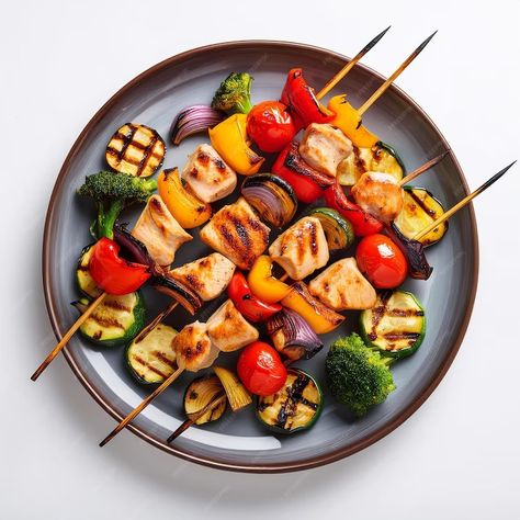 Premium Photo | Grilled chicken skewers with vegetables Grilled Chicken Skewers, Chicken Skewers, Event Food, Presentation Template Free, Skewers, Grilled Chicken, Premium Photo, Graphic Resources, Food Photography