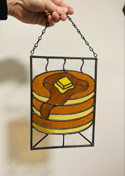 Pancakes, dark and light amber glass, handmade stained glass panel, melting butter and syrup Stained Glass Art How To Make, Stained Glass Food, Stained Glass Ideas For Beginners, Stained Glass Inspiration, Easy Stained Glass Projects, Stained Glass Templates, Stainglass Ideas, Disney Stained Glass, Diy Stained Glass Window