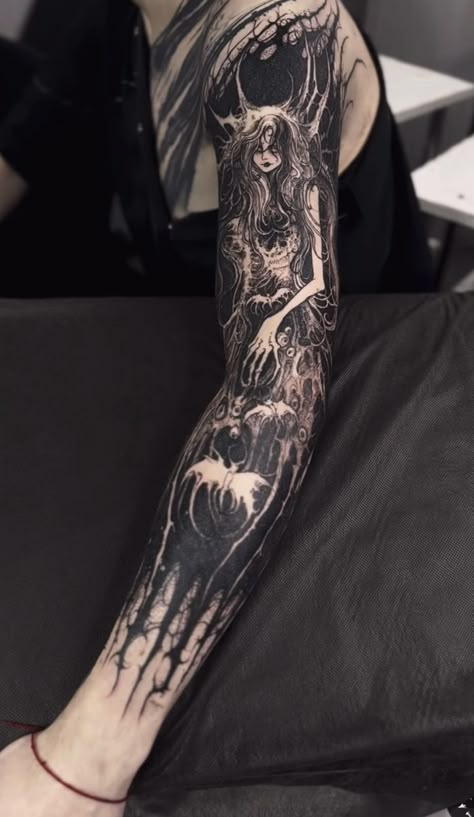 Dark Half Sleeve Tattoos For Women, Metal Sleeve Tattoo, Occult Sleeve Tattoo, Goth Arm Sleeve Tattoo, Dark Japanese Tattoo, Cover Up Arm Tattoo, Goth Arm Tattoo, Dark Tattoo Sleeve, Full Arm Tattoo Men