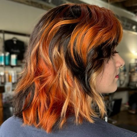 KRISTINA BATES | OKC HAIRSTYLIST | EDUCATOR | COLORIST on Instagram: "CALICO 🧡🖤🤍 #calicohair @pravana #calico #pravana #pravanavivids #pravanacolor #pravanachromasilk #pravanablonde #vividhaircolor #vividhair" Orange And Black Hair Color, Calico Hair Placement, Orange Streaks In Hair, Calico Short Hair, Red Calico Hair, Calico Hair Dye Short, Short Calico Hair, Fire Hair Dye, Calico Hair Dye