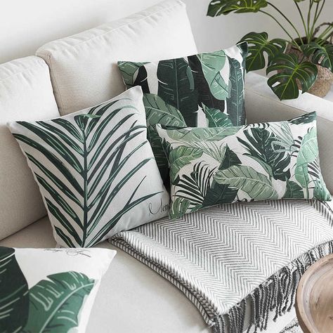 Tropical Cushion, Cheap Cushion Covers, Green Cushion Covers, Thrown Chair, Banana Palm, Cushion Cover Designs, Leaves Pillow, Green Cushions, Tropical Leaf Print